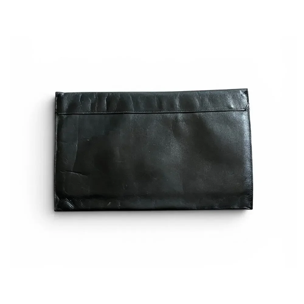 Vintage 70s David Mehler DAME Black Leather Envelope Clutch Snakeskin Trim